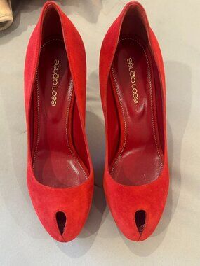 SERGIO ROSSI CACHET RED SUEDE LEATHER PEEP TOE PLATFORM PUMPS